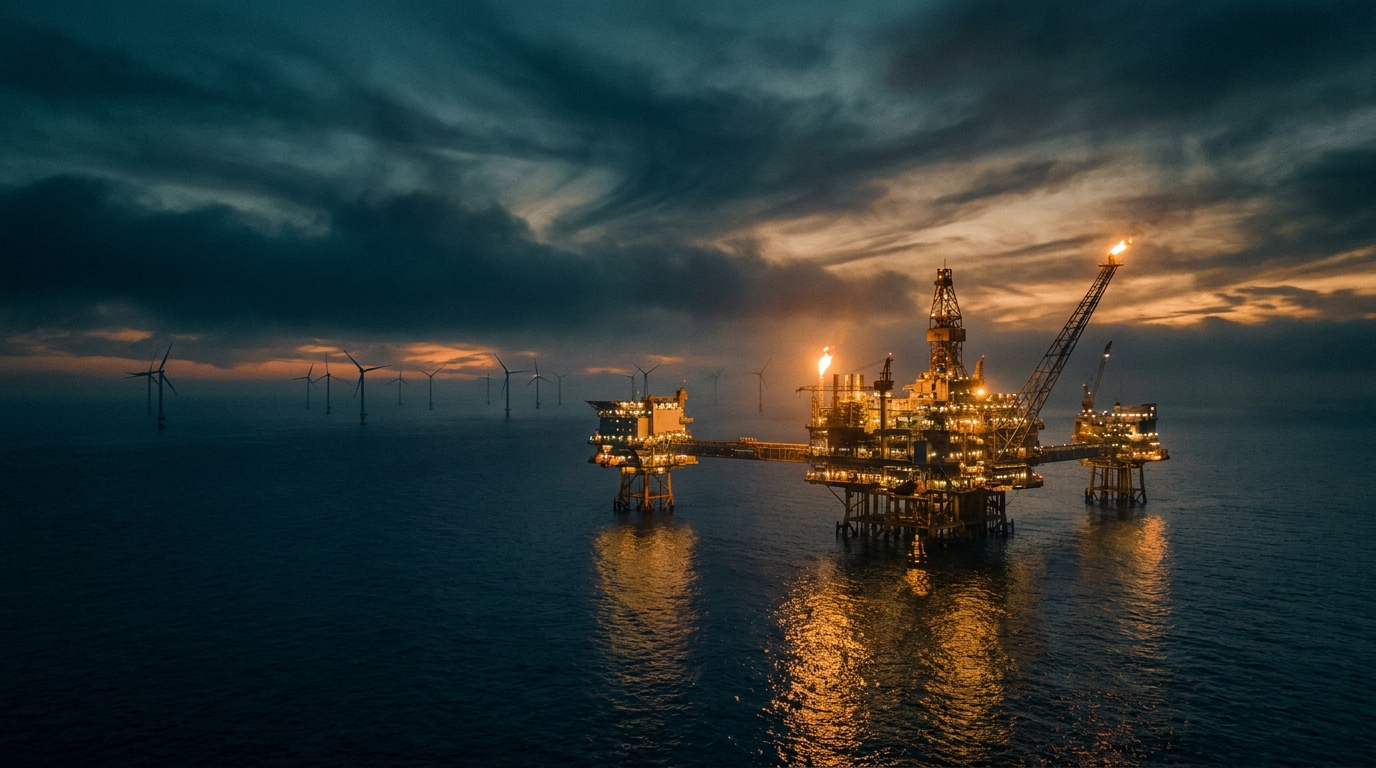 Offshore oil & gas platform with wind farm at dusk