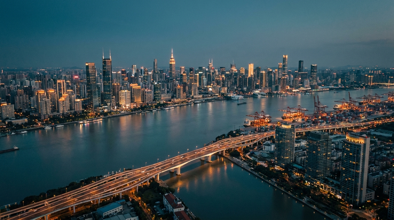Chinese metropolis skyline and trade infrastructure at blue hour